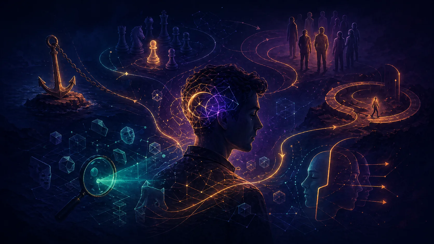 Une tête humaine entourée de chemins, ancres et biais cognitifs