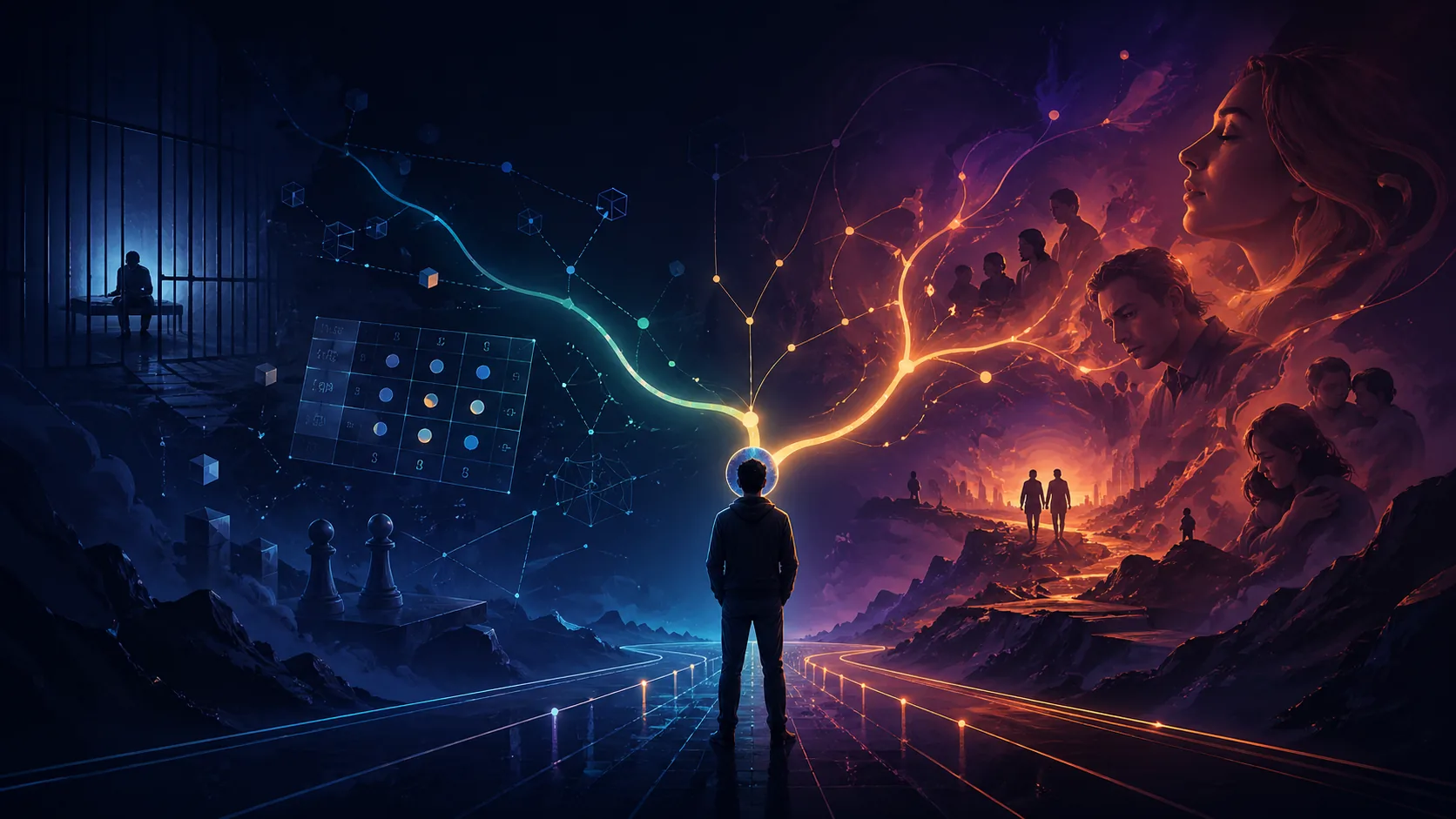 Silhouette face à deux chemins lumineux symbolisant coopération et trahison