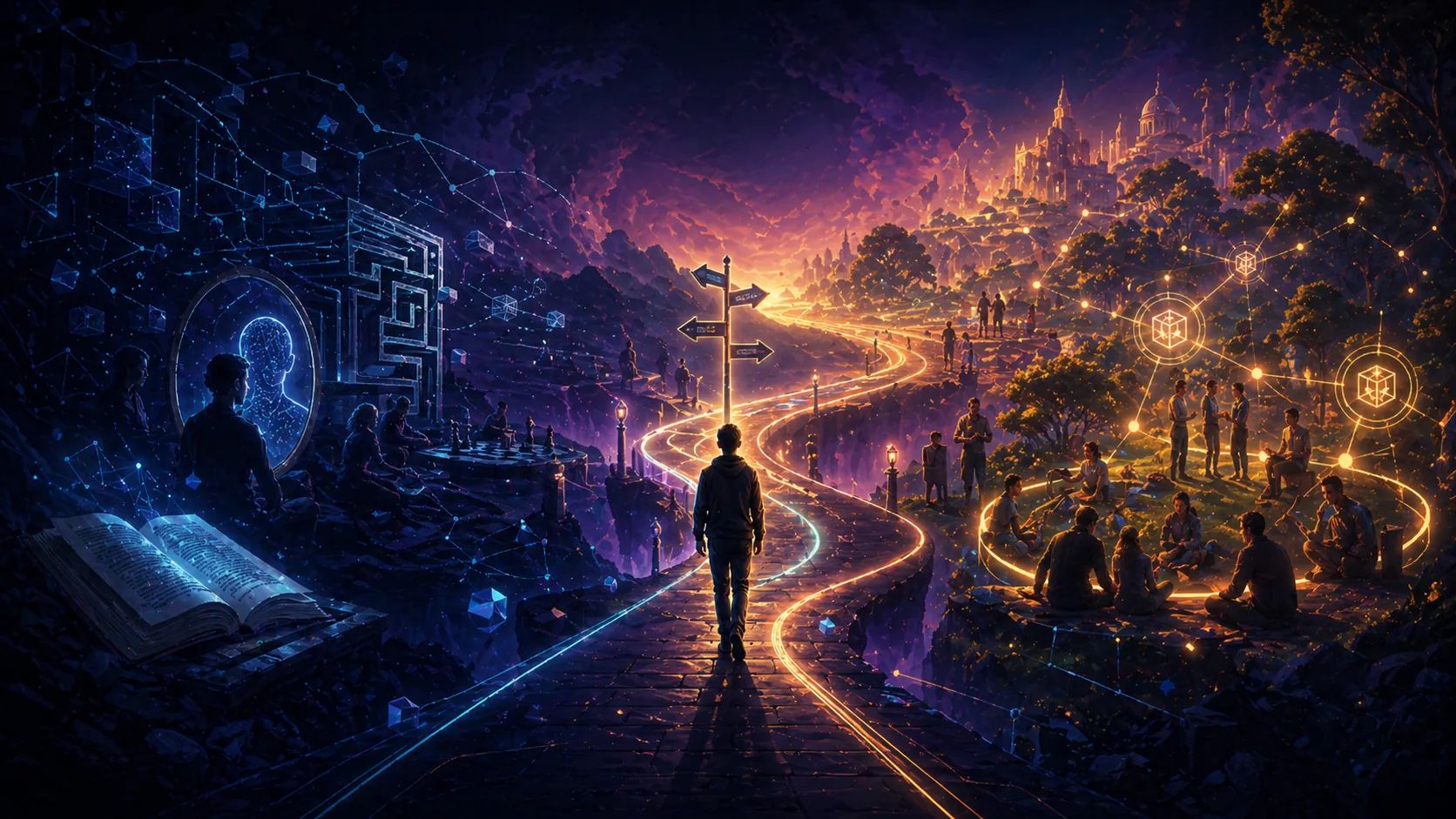 Un chemin lumineux sort d'un labyrinthe vers une communauté coopérative