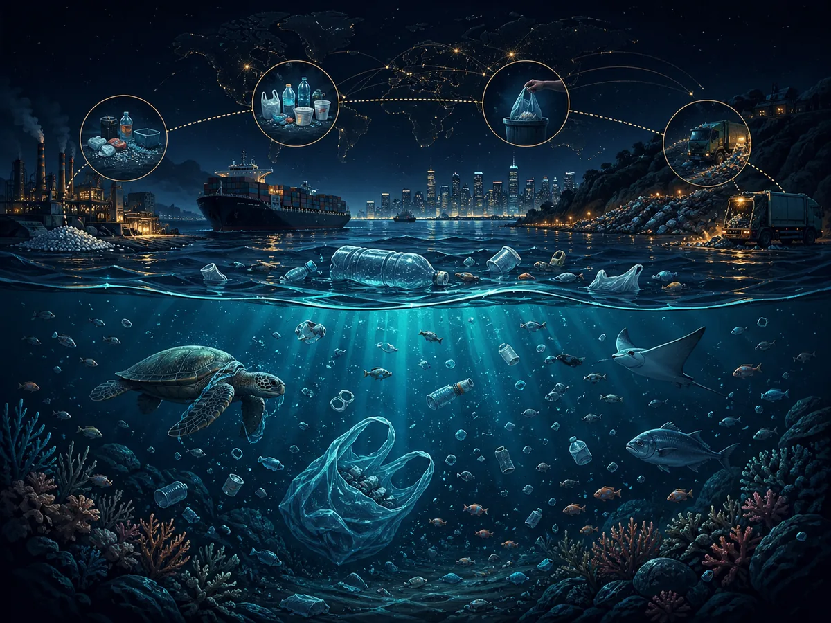 Pollution plastique océanique en mode sombre