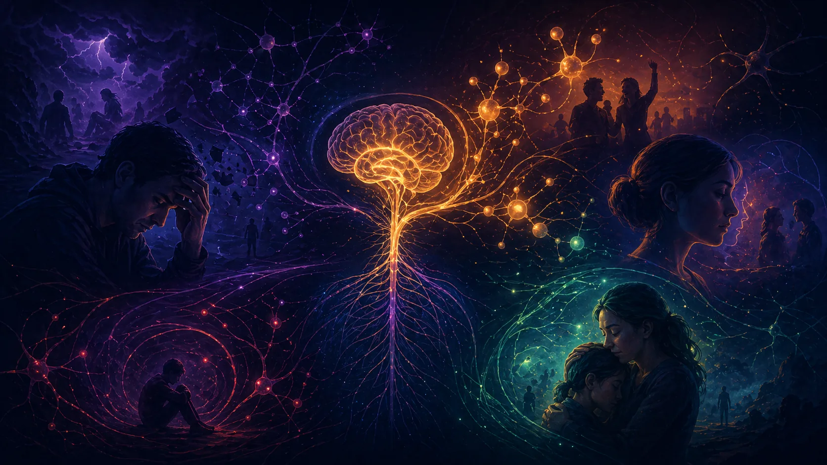 Cerveau lumineux et réseaux émotionnels représentant stress, récompense et empathie