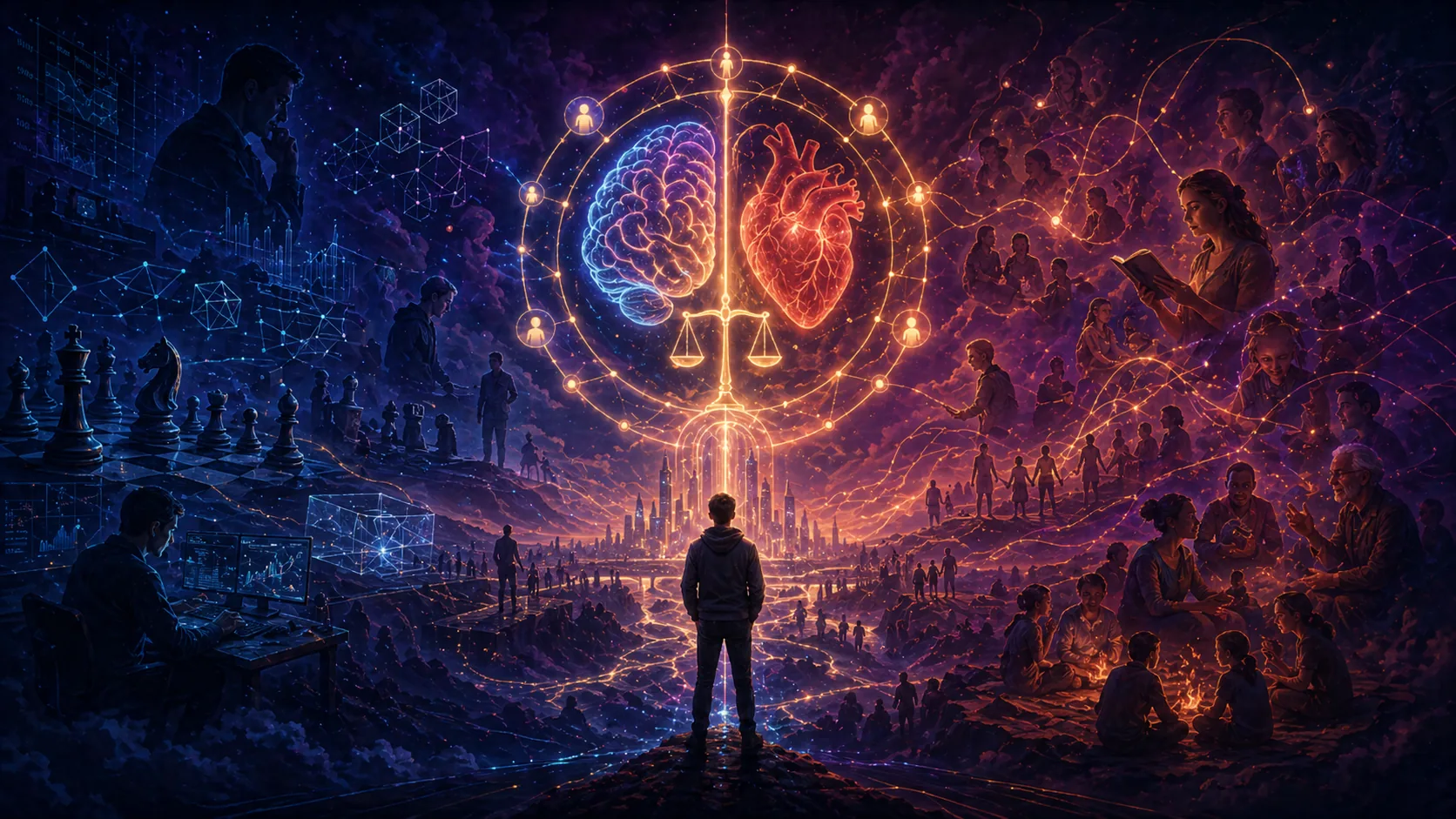 Symbole central mêlant cerveau, cœur et balance